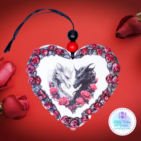 Dragon hanging heart. Mixed media dragon hanging heart. Dragon heart.