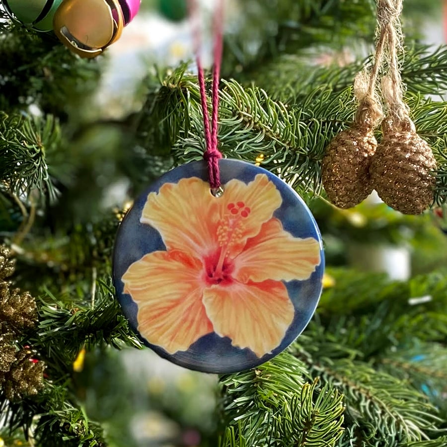Flower ornament - Orange Hibiscus - tropical flower, wedding decor 