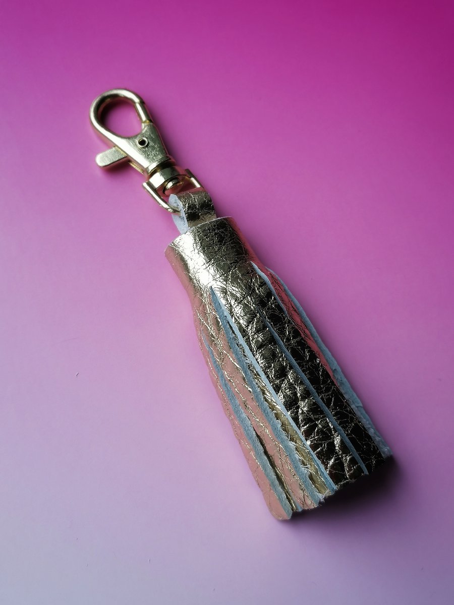 Handmade Leather Tassel Keyring - Gold