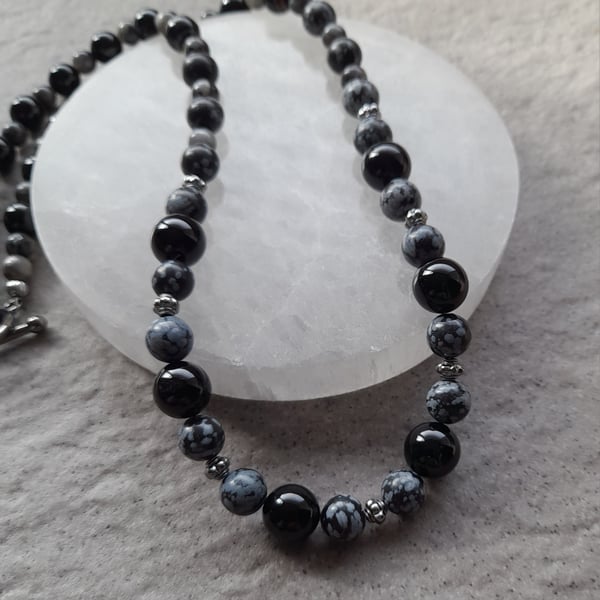  Beaded Necklace Black Onyx Agate Obsidian Black Tone
