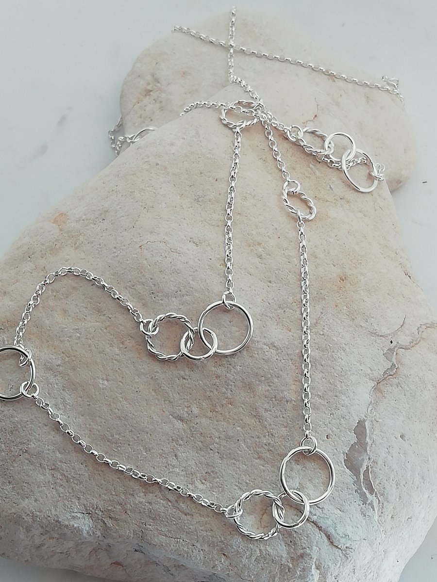 Long Silver Chain Necklace with Twisted Silver Rings