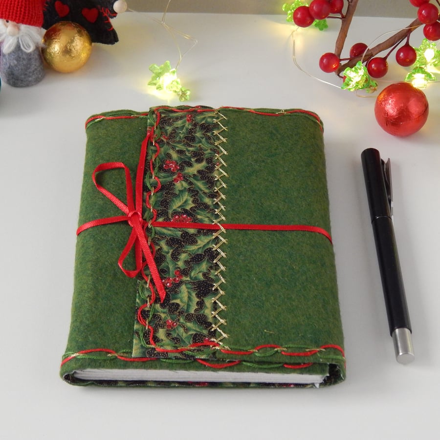 Holly Journal. Green Wool Felt with holly trim, hand embroidered. Free Shipping