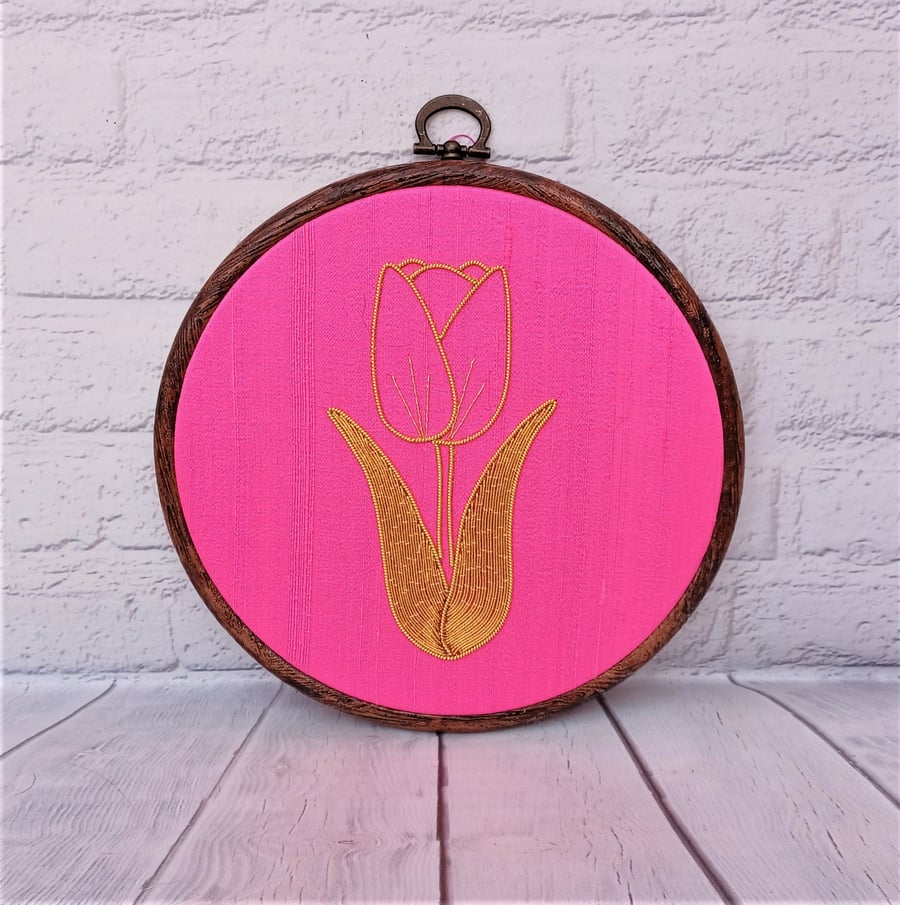 Pink Tulip Flower Goldwork Hand Embroidery Hoop