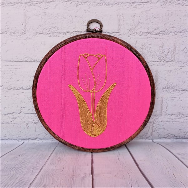 Pink Tulip Flower Goldwork Hand Embroidery Hoop