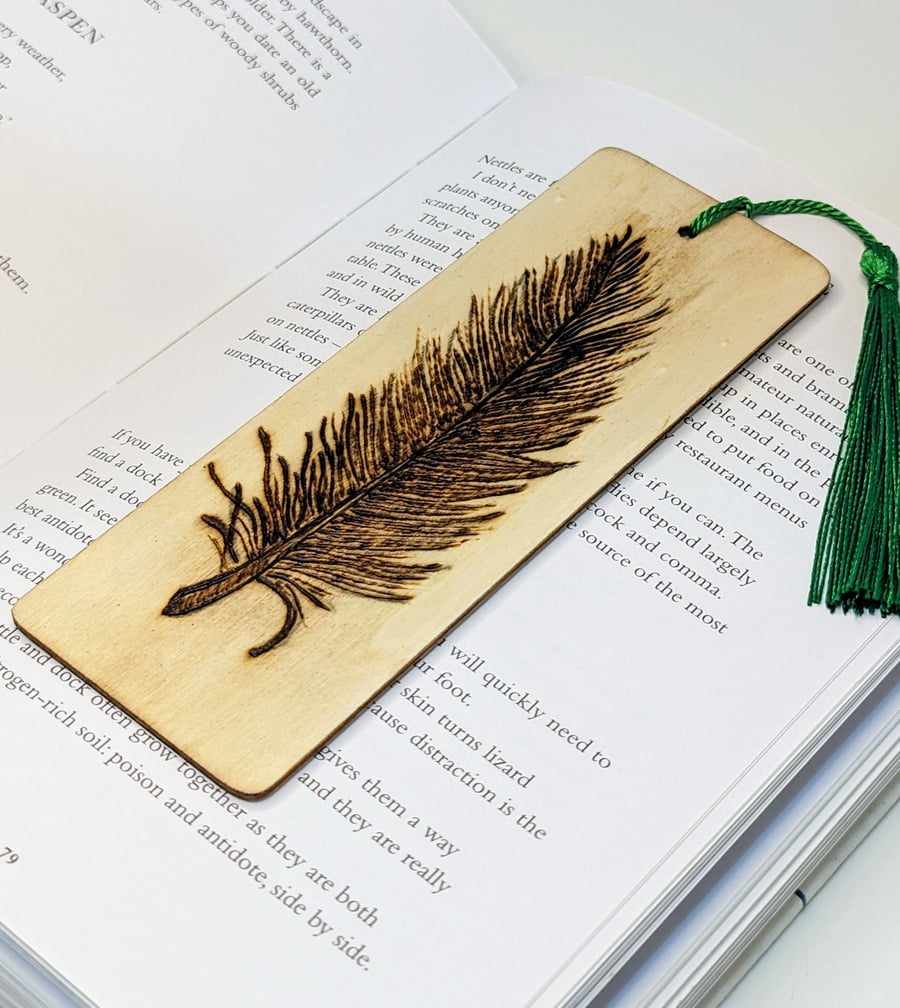 Wooden bookmark, pyrography feather, gift for a book lover 