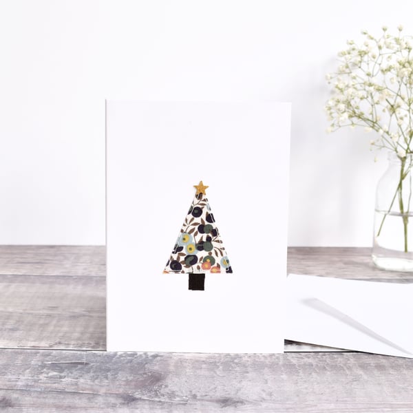 Sewn Christmas tree Liberty fabric Christmas card, embroidered Christmas card