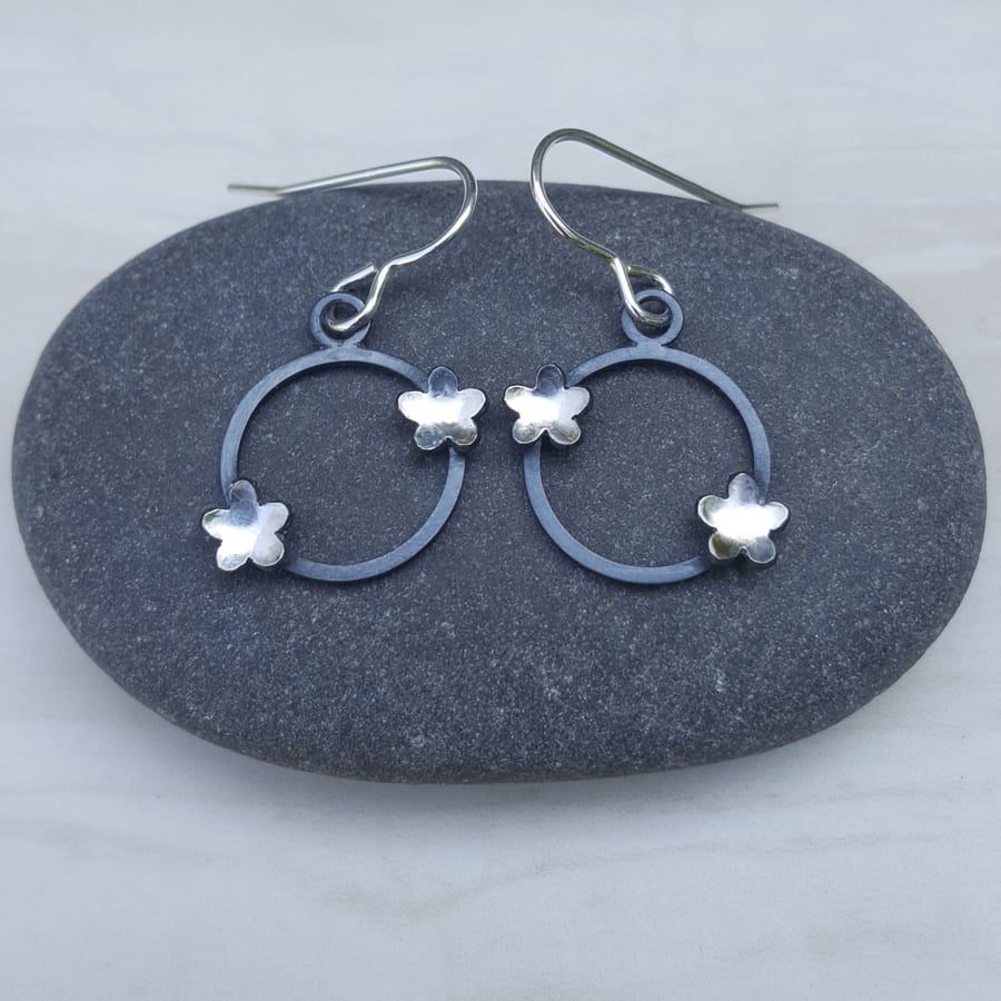 Sterling silver & black flower earrings, round earrings, drop earrings