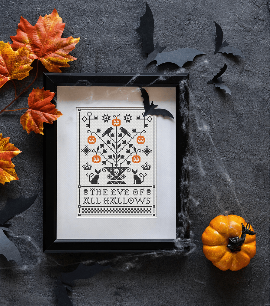 163 Cross Stitch Pattern All Hallows Eve Halloween Pumpkin Tree with Crow & Cats