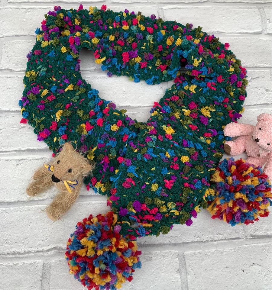 Knitted pom pom scarf for children, unisex scarf 