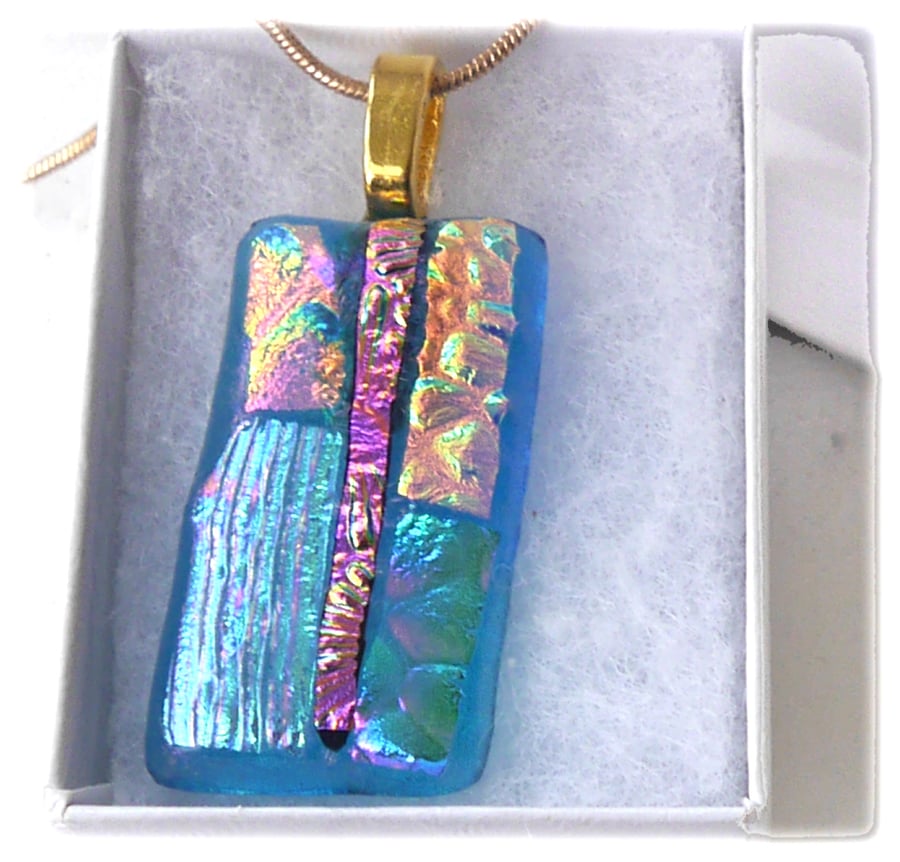 Turquoise Patchwork Dichroic Glass Pendant 191 Gold plated chain