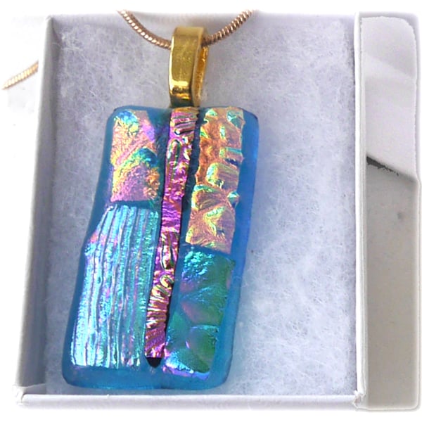 Turquoise Patchwork Dichroic Glass Pendant 191 Gold plated chain