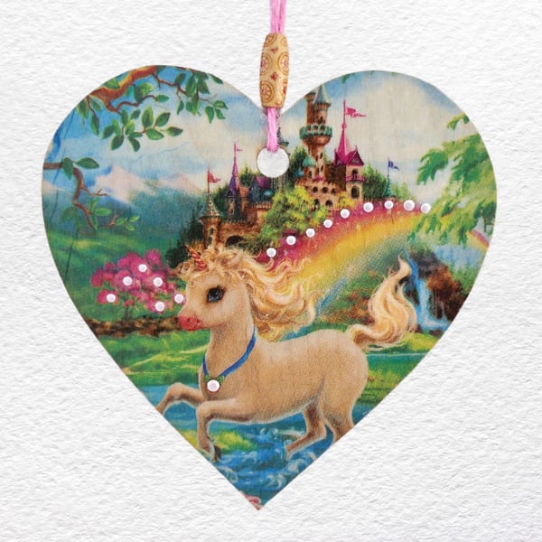 Decoupaged Wooden Hanging Heart 15cm (6 ") Unicorn Castle design