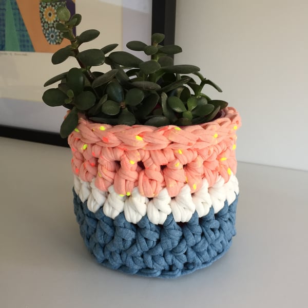 Crochet plant pot cover made with upcycled tshirt yarn - neon spots mini