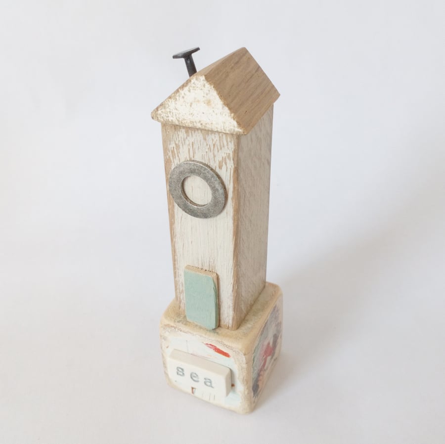SALE - Little wooden hut with on a vintage toy block 'sea'