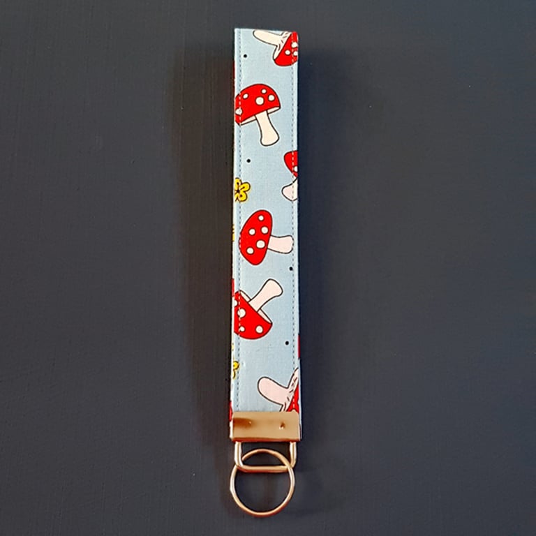 Handmade Mushroom Print Wristlet Keyring - Fabric Keyfob