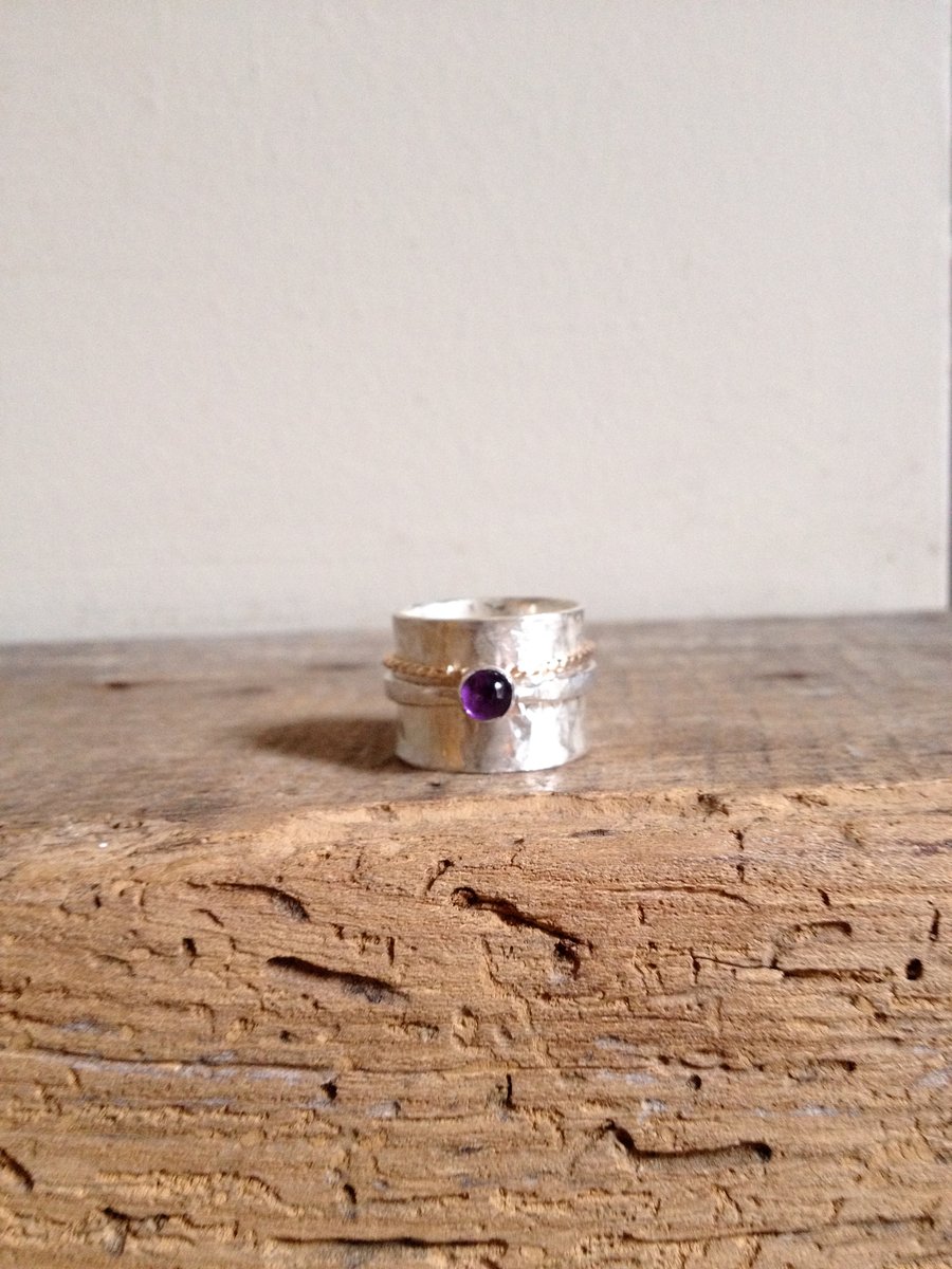 Amethyst Ring - Wide Silver Band - Mixed Metal Ring