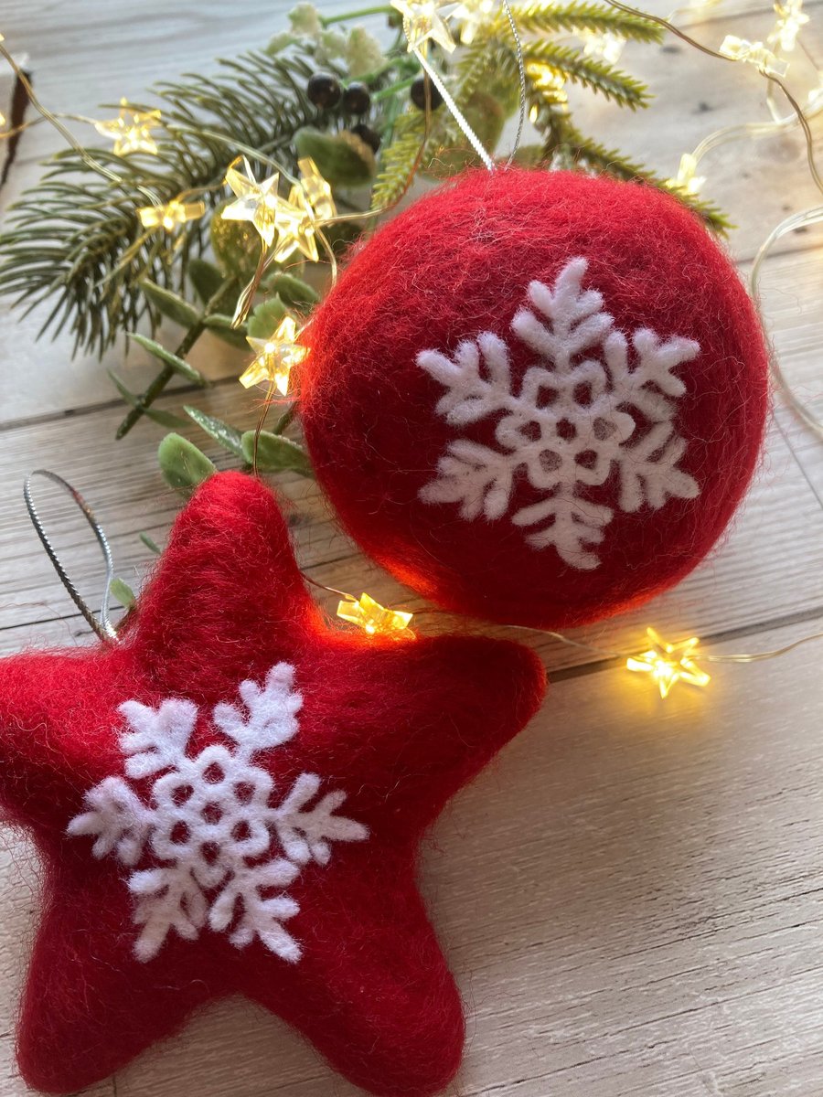 Red snowflake needle felted Christmas baubles 