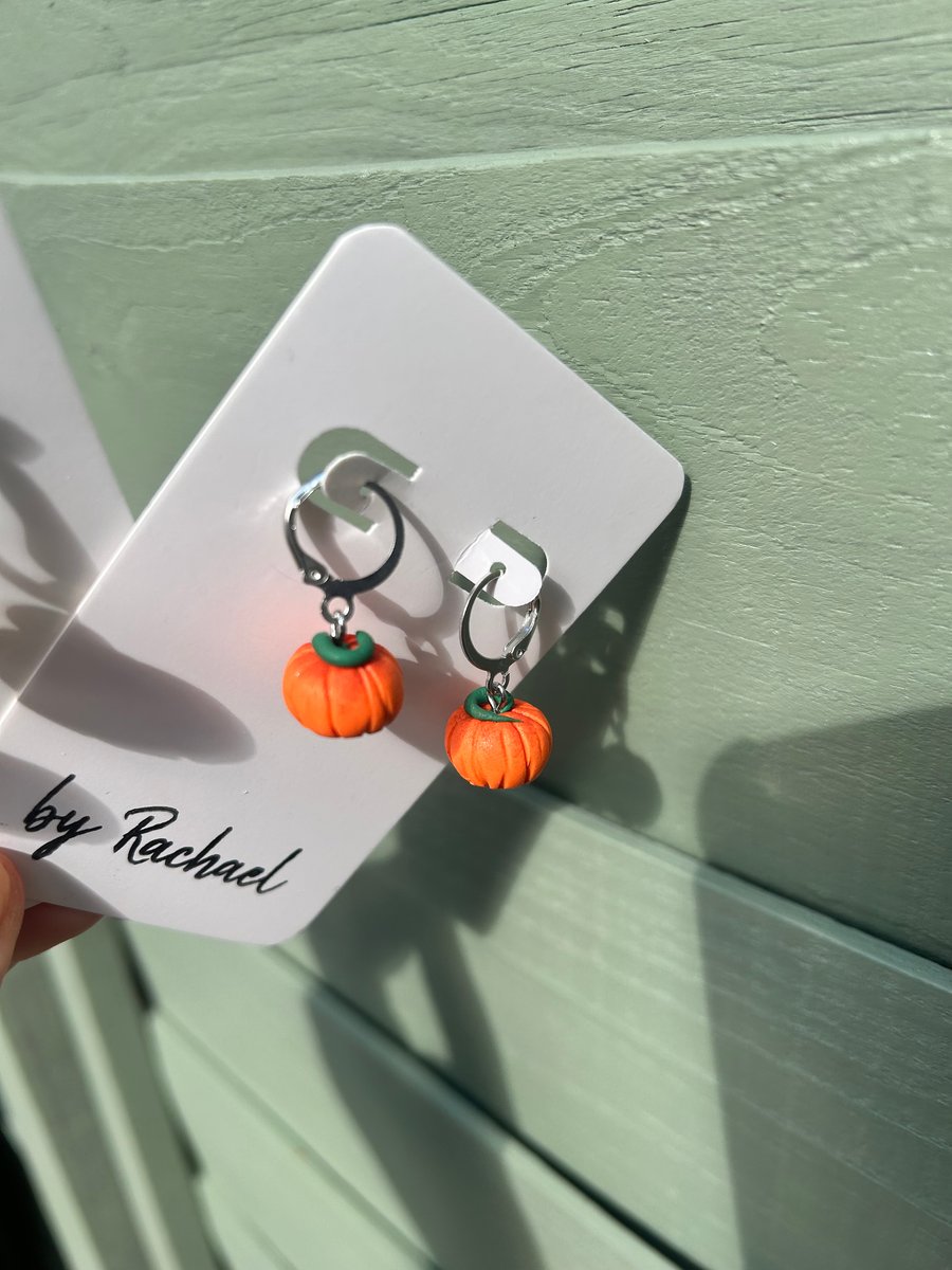 Orange Pumpkin dangles - silver huggies