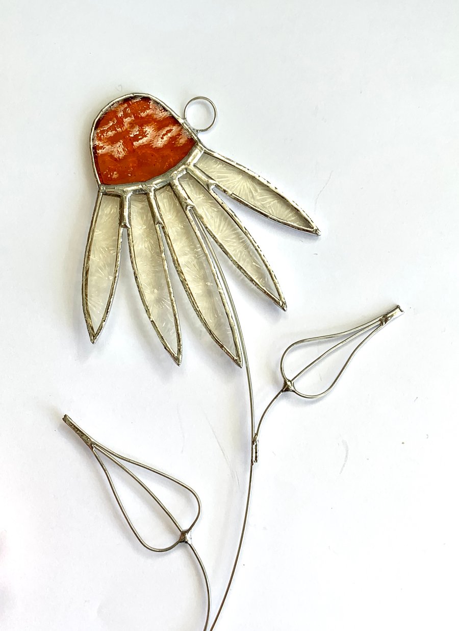 Stained Glass Echinacea Suncatcher - Handmade Window Decoration - Amber