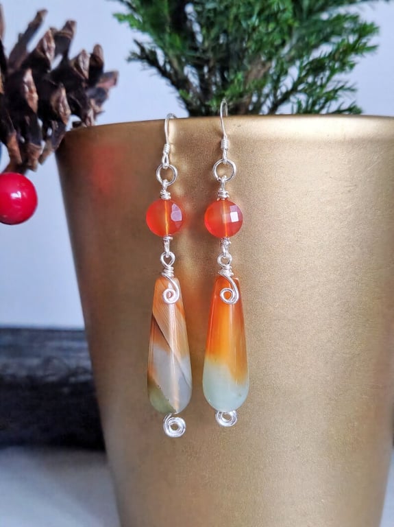 Sterling Silver Carnelian and Peacock Agate Earrings 