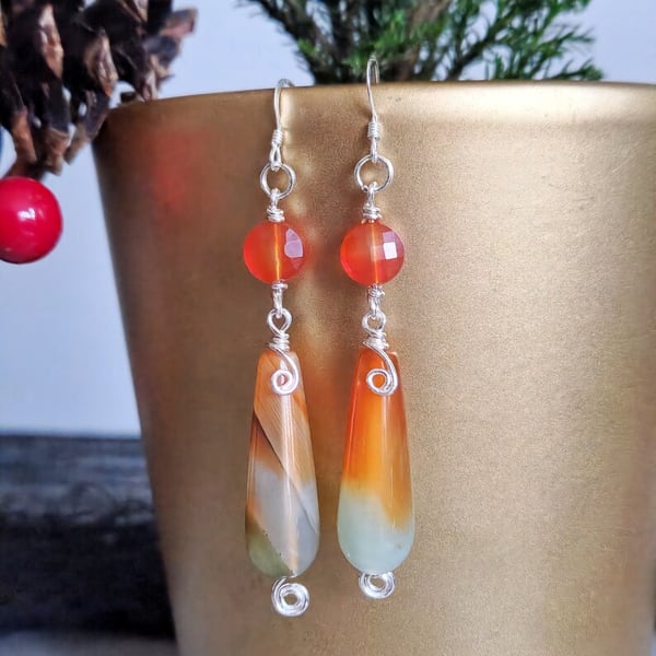 Sterling Silver Carnelian and Peacock Agate Earrings 