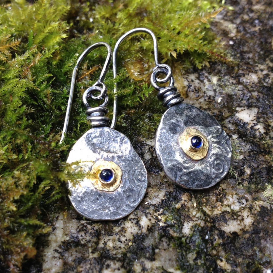 Silver, gold and sapphire Relic earrings