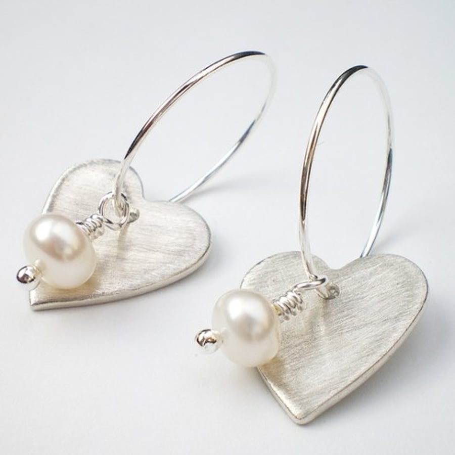 Simple Heart and Hoop Silver Pearl Earrings - Wedding Jewellery