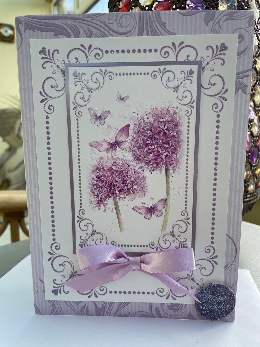 Lilac shades hydranger and butterfly Happy birthday card