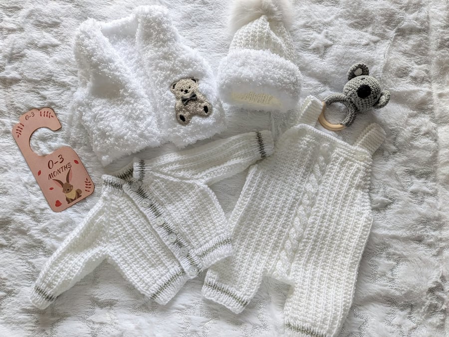 Hand Knitted Babies 4 piece Outfit Hat, Cardigan, Dungarees & Fluffy Waistcoat.