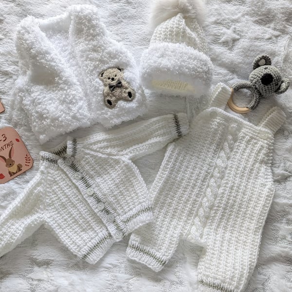 Hand Knitted Babies 4 piece Outfit Hat, Cardigan, Dungarees & Fluffy Waistcoat.