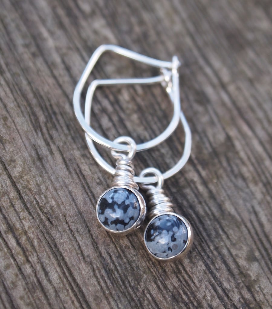 silver dangle drop earrings with snowflake obsidian, handmade gift for her