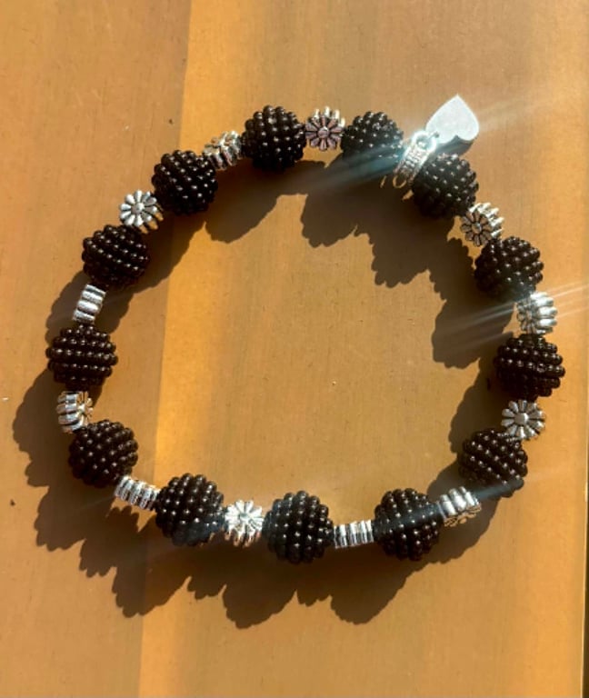 Handmade Black Bobbly Bead Bracelet with Silver-Tone Flower Accents
