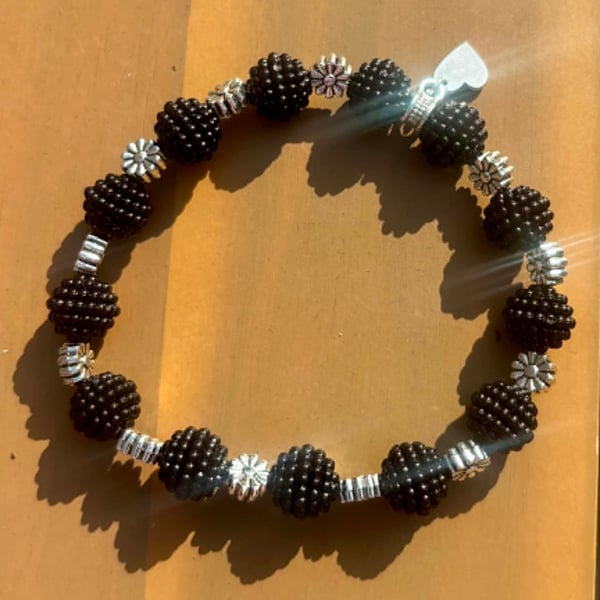 Handmade Black Bobbly Bead Bracelet with Silver-Tone Flower Accents