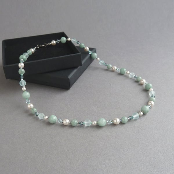 Sage Green Beaded Necklace - Mint Green Pearl and Crystal Necklaces - Jewellery