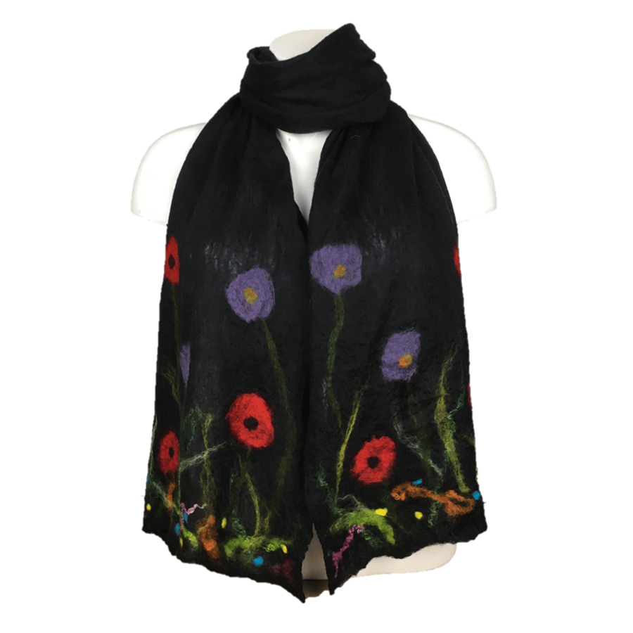 Long black nuno felted floral scarf, merino wool on silk