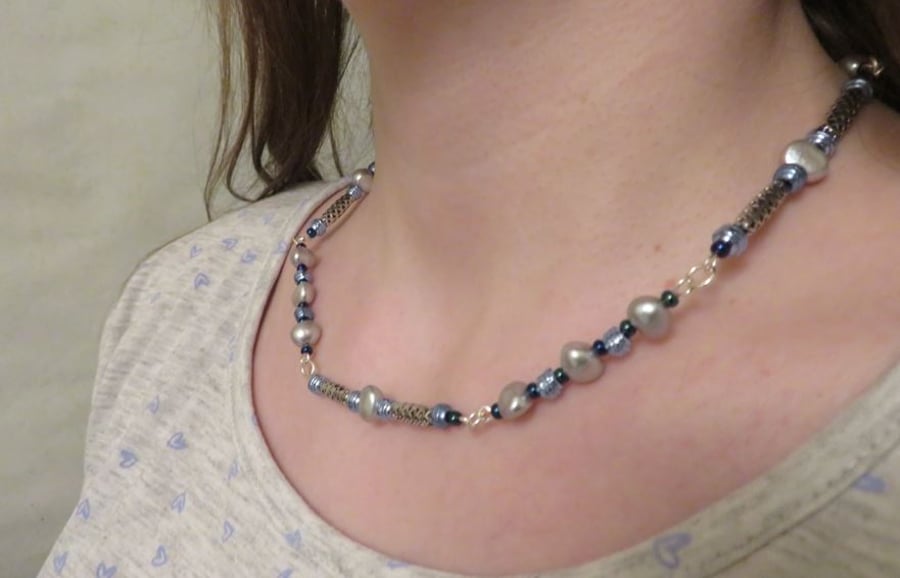 Silver Freshwater pearl and blue pewter necklace