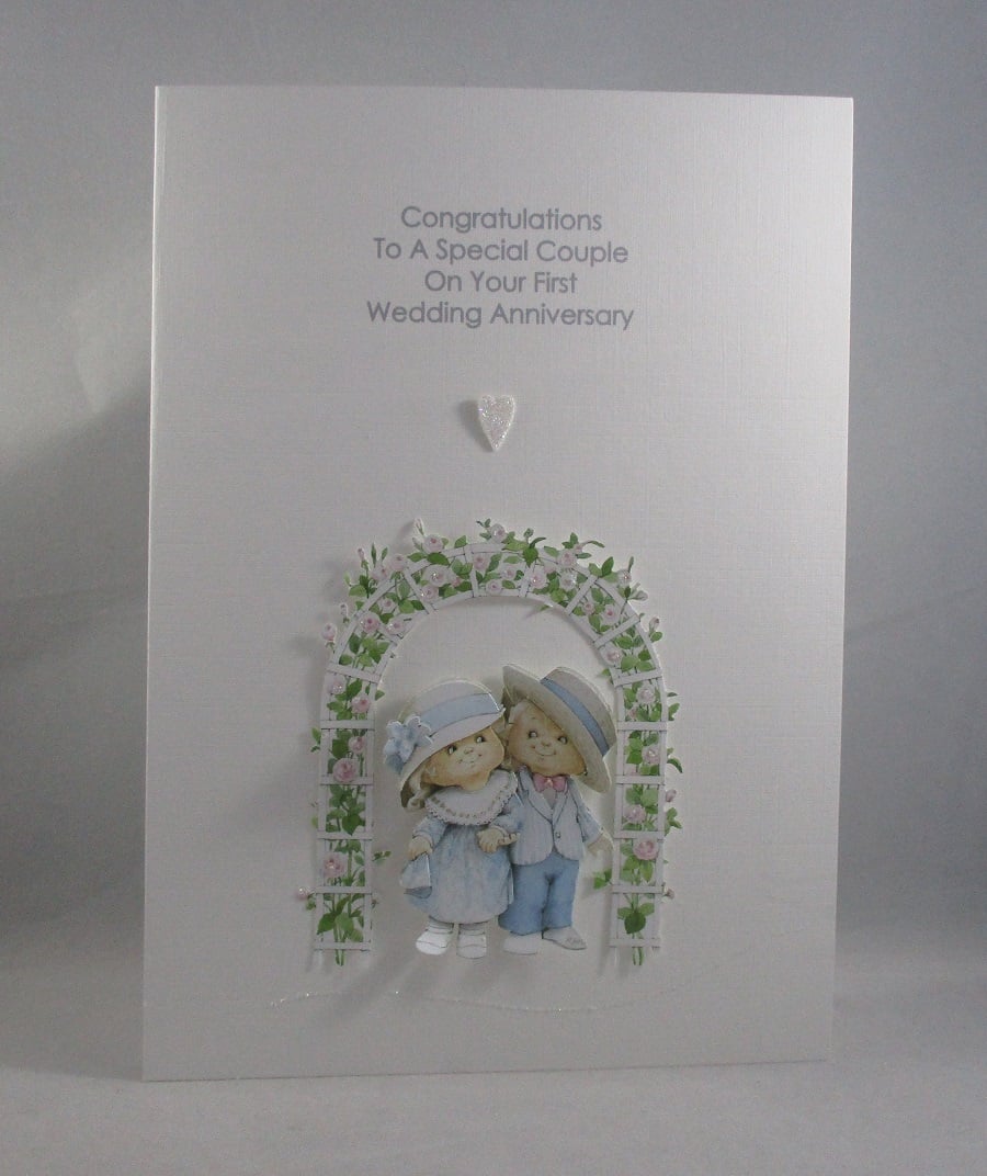 First Wedding Anniversary Cute Couple in archway, Decoupage,Personalise