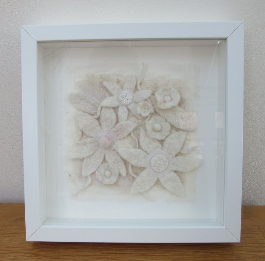 White flower picture. Contemporary flowers.  Hand made felt.  Textile art
