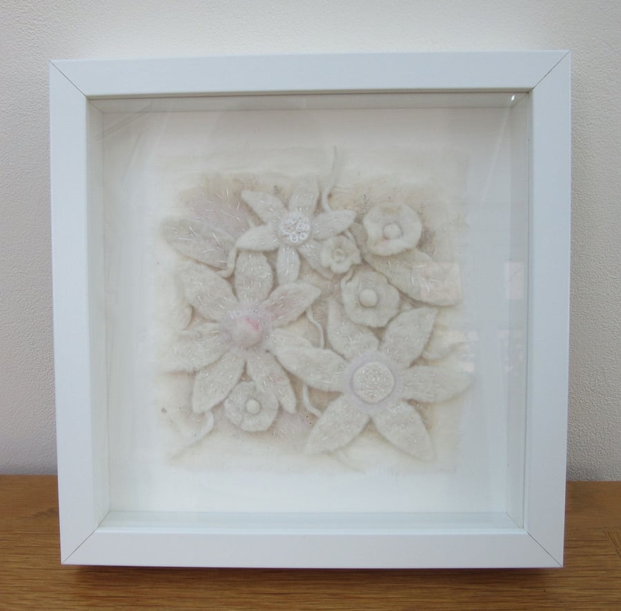 Flower picture, Contemporary white flowers, Hand made felt,  Textile art