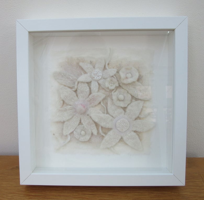 Flower picture, Contemporary white flowers, Hand made felt,  Textile art