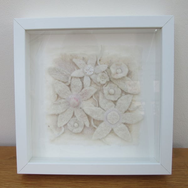 White flower picture. Contemporary flowers.  Hand made felt.  Textile art