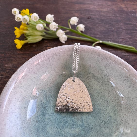 Contemporary silver arch pendant - winter frost textured - recycled silver