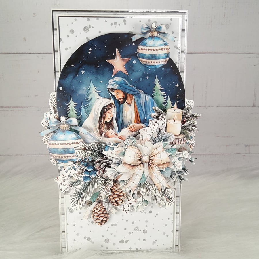 Handmade Christmas Nativity Card (113) Blue & Silver Luxury Christmas Card.