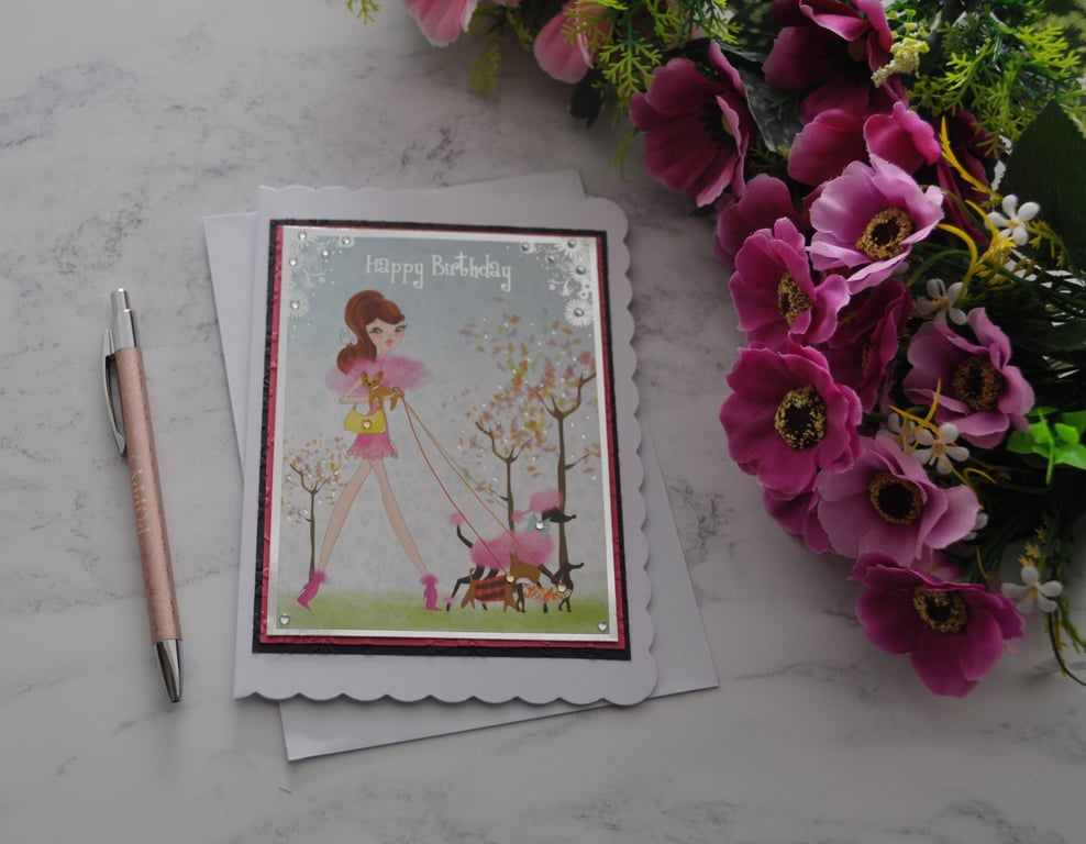 Happy Birthday Card Dog Card Young Girl Pink Dress Poodle Dachshund Scottie Dog