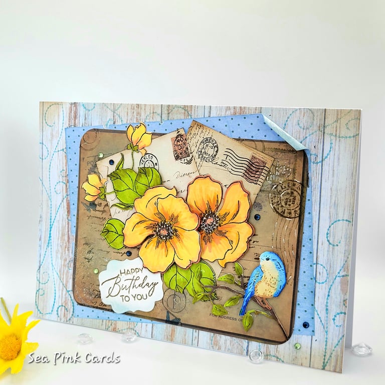 Birthday Card Vintage Inspired Design - 3D, layered, handmade, bird, flowers