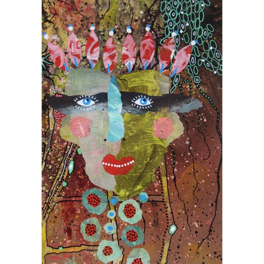 Portrait Painting Acrylic Collage Expressionist Figurative Art Ready Mounted