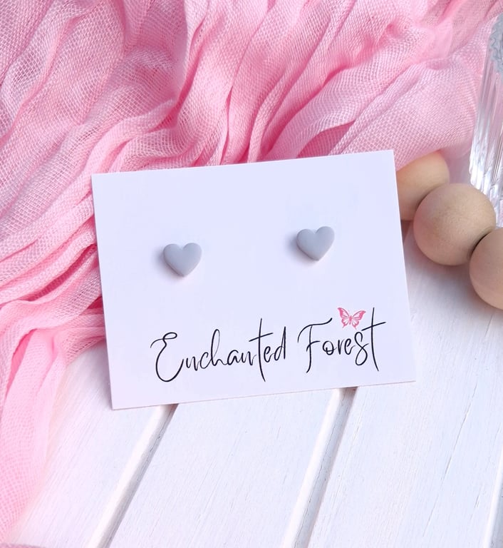 Grey Mini Heart Stud Earrings, Minimalist Jewellery, Accessories & Gifts