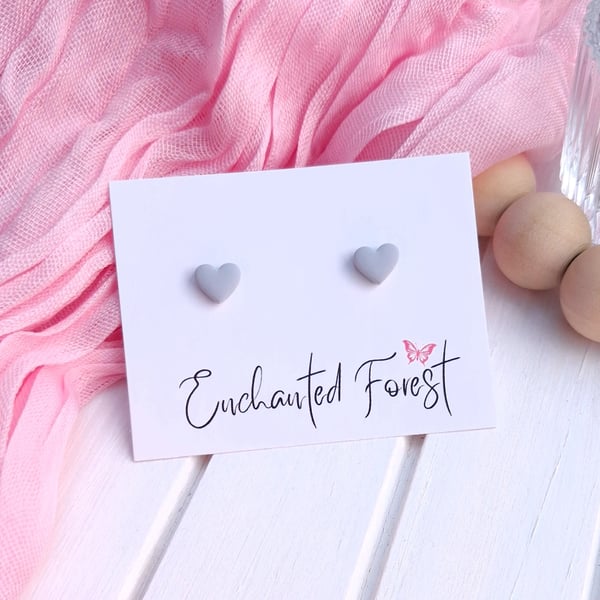 Grey Mini Heart Stud Earrings, Minimalist Jewellery, Accessories & Gifts