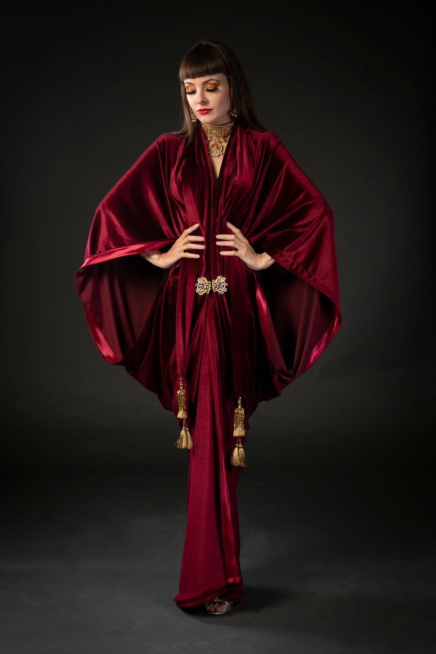 1920s Red Wine Velvet Great Gatsby Dress - Floor length flapper Cocoon coat