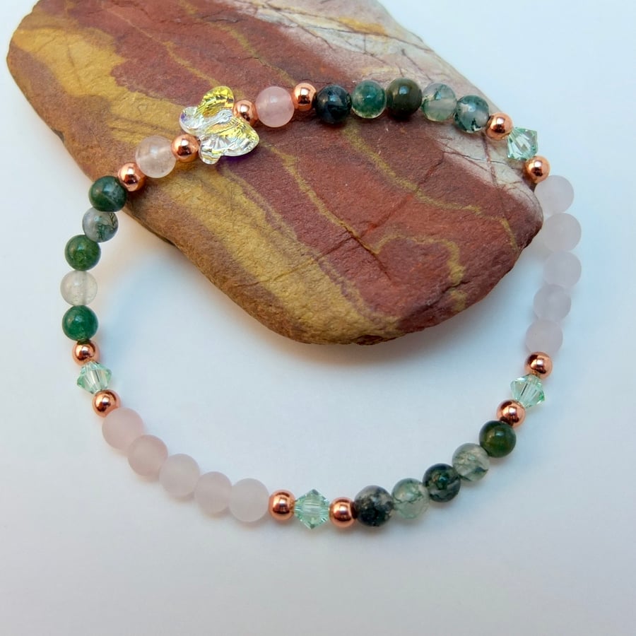 Swarovski Crystal Butterfly, Frosted Rose Quartz, Moss Agate And Copper bracelet